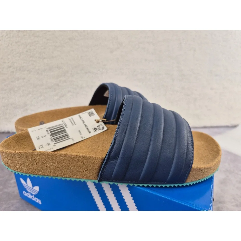 Adidas Originals Adilette Premium Slides Navy Leather Cork GZ0061 Mens 5